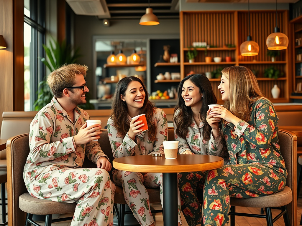 Quatre amis en pyjama rient et discutent autour d'une table avec des tasses à café dans un café moderne.