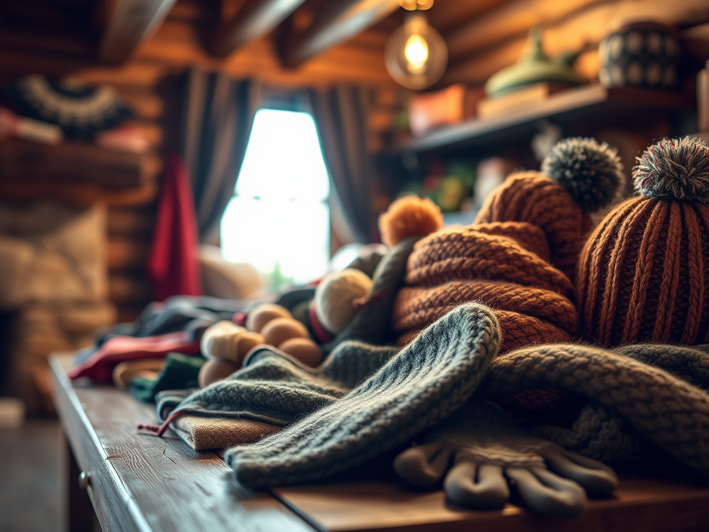 Un assortiment de bonnets, écharpes et gants colorés disposés sur une table en bois dans un intérieur chaleureux.