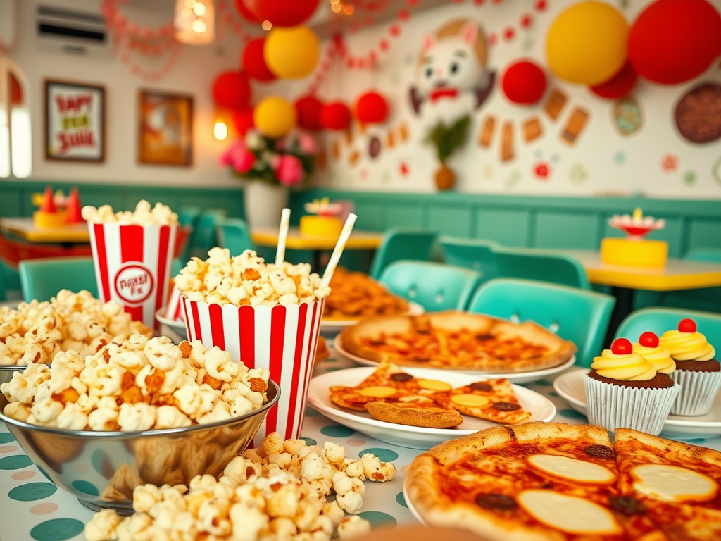 Une table colorée avec du pop-corn, des pizzas et des cupcakes dans un décor festif et accueillant.