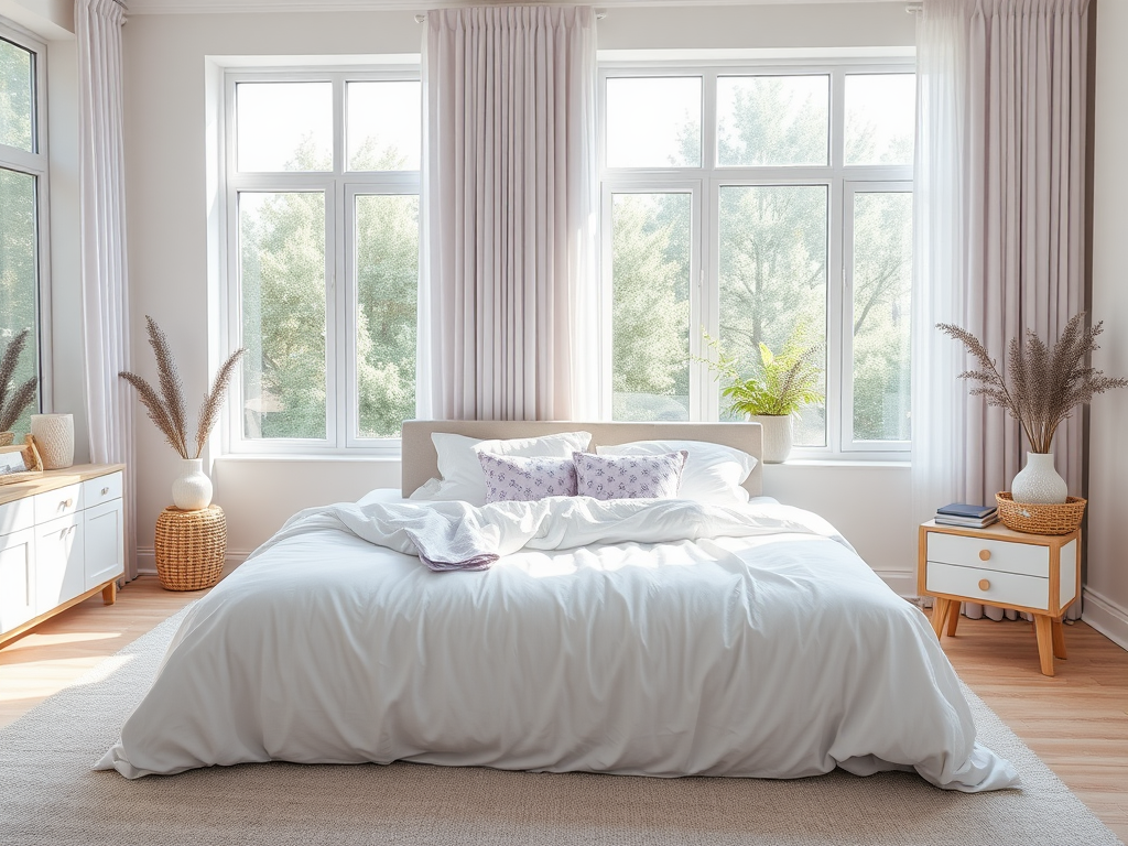 Une chambre lumineuse avec un lit blanc, des rideaux drapés et des plantes décoratives près des fenêtres.