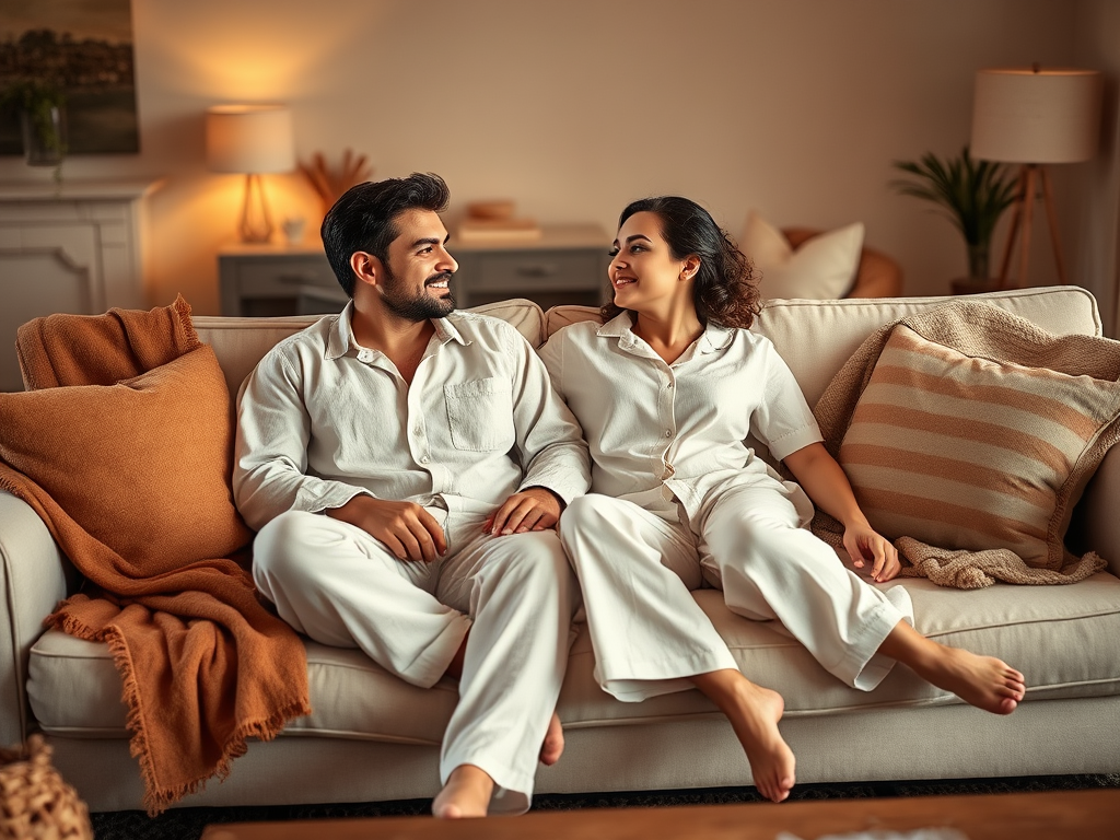 Un couple souriant, assis côte à côte sur un canapé confortable, en pyjama, dans une ambiance chaleureuse.