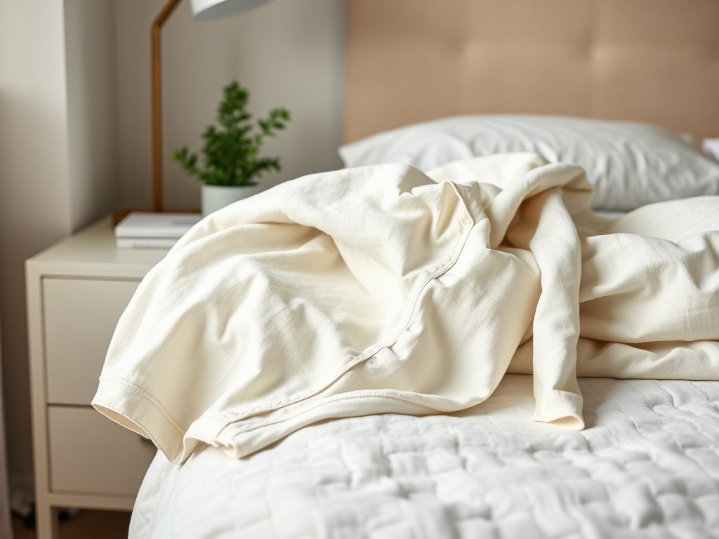 Une chemise blanche posée sur un lit avec une couette, un coussin et une plante en pot sur la table de nuit.