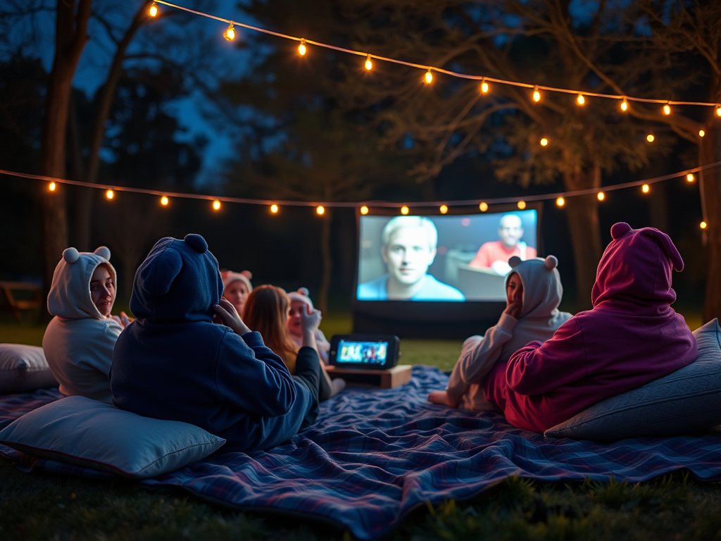 Un groupe d'amis en pyjamas regarde un film en plein air sous des guirlandes lumineuses.