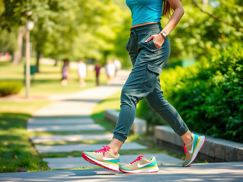 Une femme marche dans un parc, portant un haut bleu, un pantalon vert et des baskets colorées.