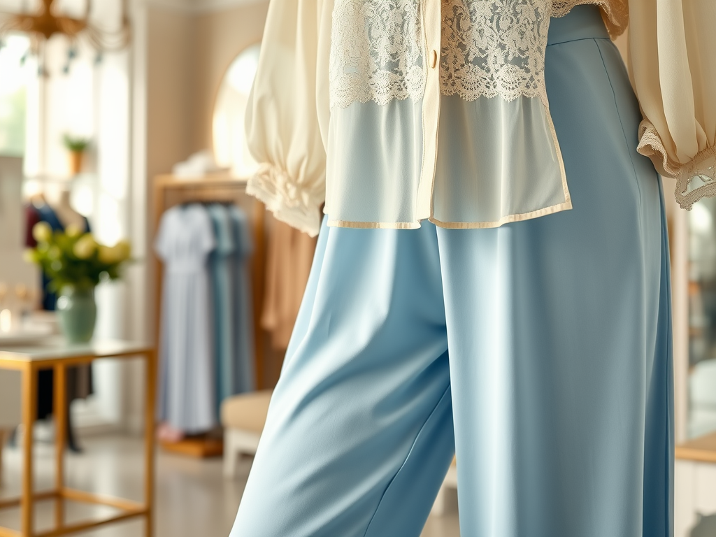 Une blouse légère et un pantalon bleu se détachent dans une boutique de vêtements élégante et lumineuse.