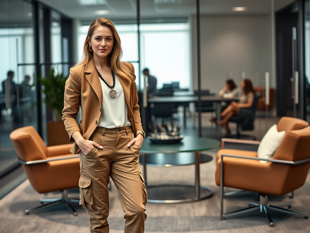 Femme en tenue professionnelle dans un bureau moderne, avec des collègues au fond, ambiance élégante et collaborative.