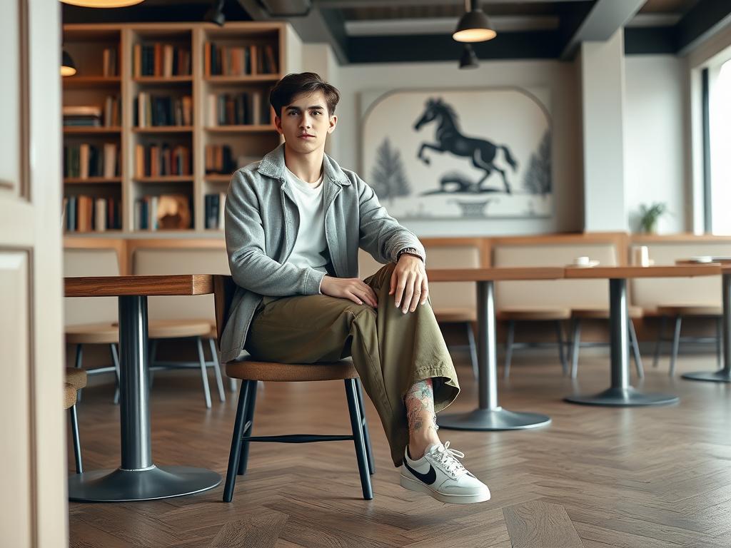 Un jeune homme assis dans un café moderne, portant un pull gris et des pantalons beiges, avec des livres en arrière-plan.