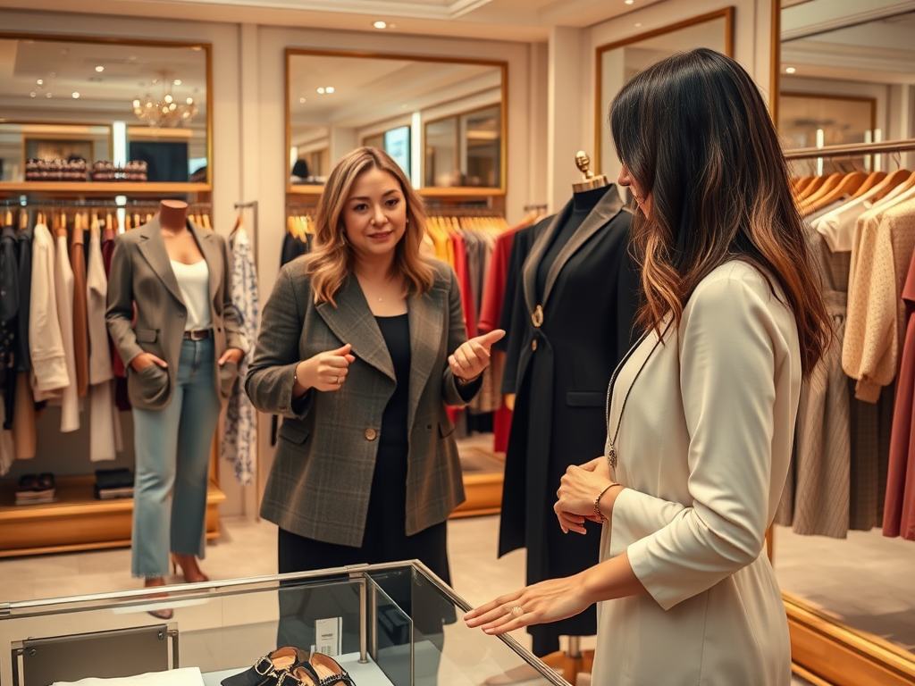 Deux femmes discutent dans une boutique de vêtements, entourées par des vêtements exposés sur des mannequins.